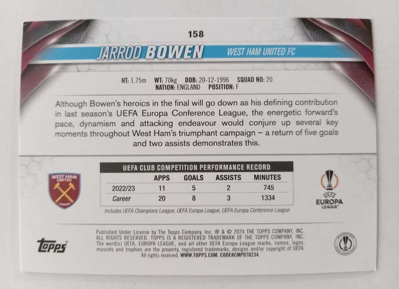 JARROD BOWEN (West Ham) - TOPPS Champ League 2024 - PINK SPARKLE TRADING CARD 158