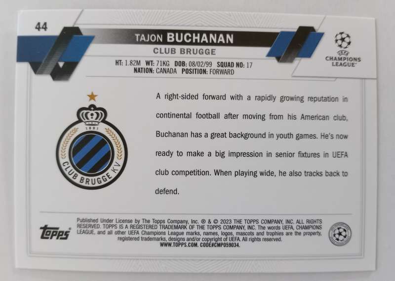 TAJON BUCHANAN (Brugge) - TOPPS Champ League 2023 - PINK SPARKLE TRADING CARD 44
