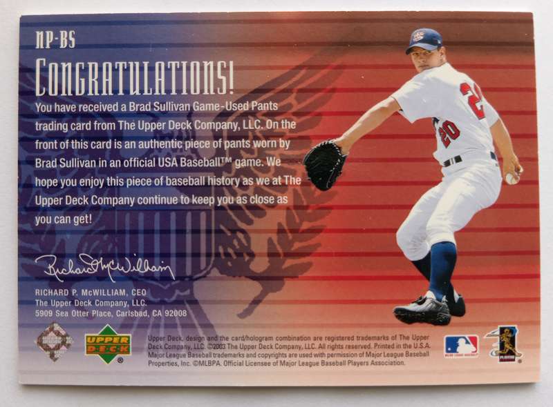 BRAD SULLIVAN - UPPER DECK BASEBALL COLLECTION 2003 -  RARE "GAME USED MEMO" TRADING CARD