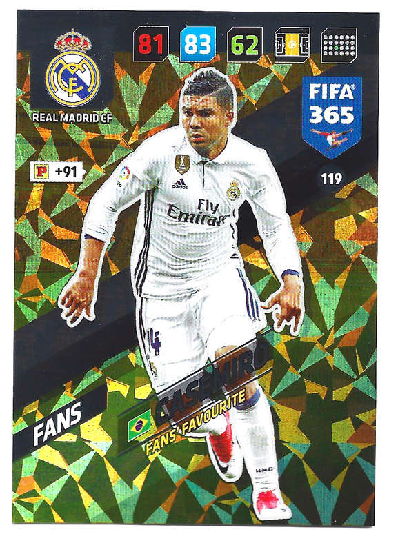 CASEMIRO - PANINI `FIFA 365 2018` COLLECTION - FOIL `FANS FAVOURITE` TRADING CARD 119