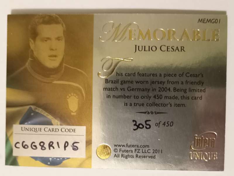 JULIO CESAR (Brazil) - FUTERA MEMORABLE 2011 COLLECTION - RARE MEMORABILIA CARD 305 of 450