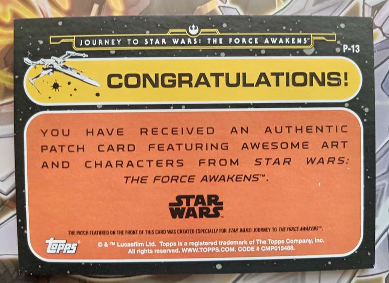 CHEWBACCA - TOPPS STAR WARS Journey to Star Wars Force Awakens - RARE AUTHENTIC PATCH CARD P13