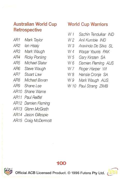1996 FUTERA CRICKET WORLD CUP COLLECTION - CHECKLIST  BASE TRADING CARD 100