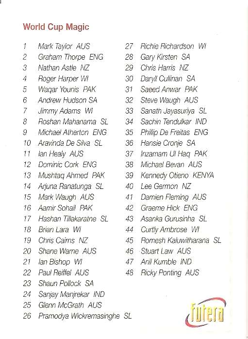 1996 FUTERA CRICKET WORLD CUP COLLECTION - CHECKLIST  BASE TRADING CARD 99