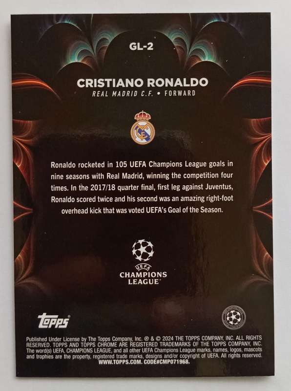 CRISTIANO RONALDO - TOPPS CHROME CHAMPIONS LEAGUE 2024 - CHROME "GOLAZO" CARD GL2