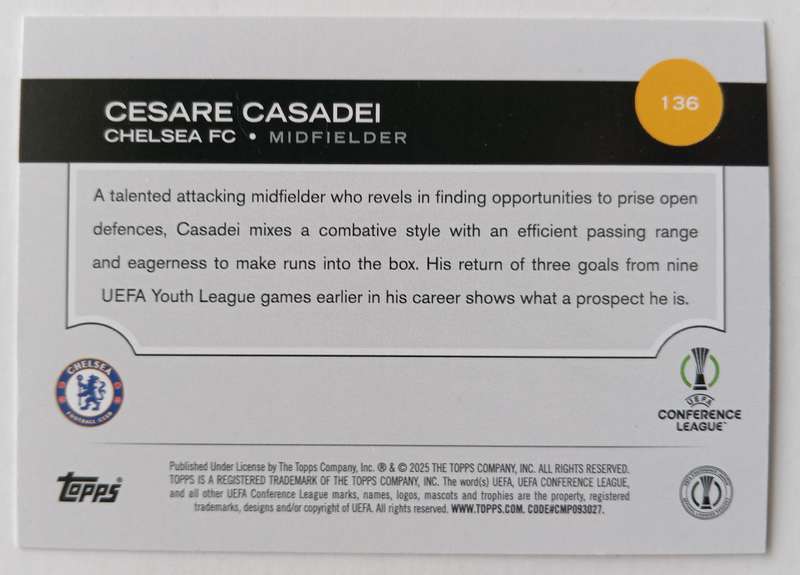 CESARE CASADEI (Chelsea) - TOPPS Champions League 2024/25 - ROOKIE TRADING CARD 136