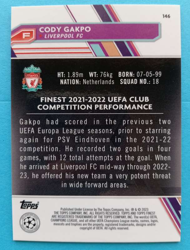 CODY GAKPO (Liverpool) - TOPPS FINEST CHAMPIONS LEAGUE 2023 - CHROME TRADING CARD 194 of 275