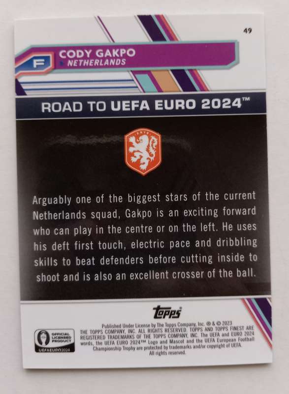 CODY GAPKO (Holland) - TOPPS FINEST CHROME RT EURO 2024 - SAPHIRE CHROME TRADING CARD 100 of 150
