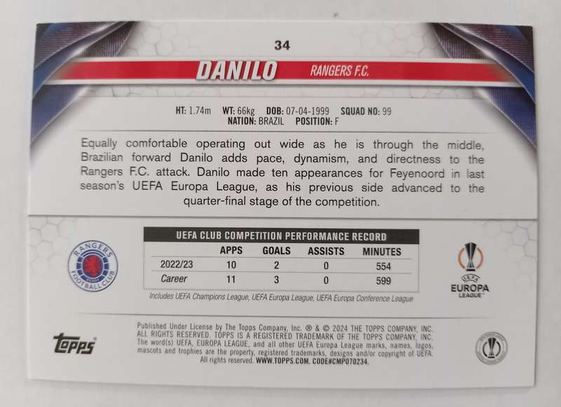 DANILO (Rangers) - TOPPS Champ League 2024 - ROOKIE PINK SPARKLE TRADING CARD 34
