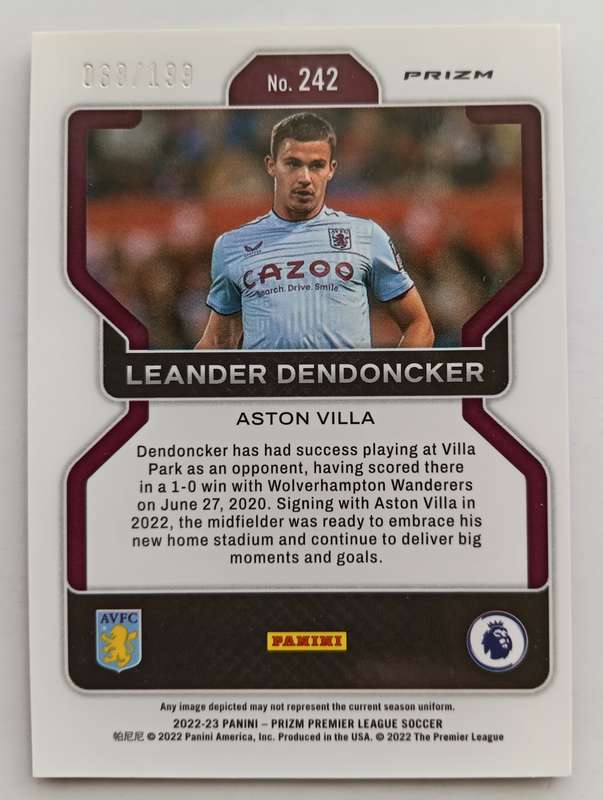 LEANDER DENDONCKER (Villa)- PANINI PREMIER LEAGUE PRIZM 2022/23 - PINK PRIZM TRADING CARD 68 of 199