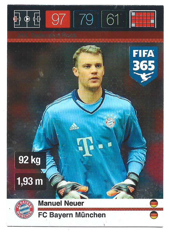 MANUEL NEUER - PANINI "FIFA 365" 2016 COLLECTION - FOIL "DEFENSIVE ROCK" TRADING CARD 248
