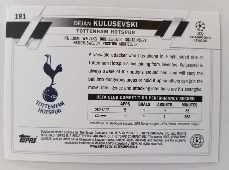 DEJAN KULUSEVSKI (Spurs) - TOPPS Champ League 2023 - PINK SPARKLE TRADING CARD 191
