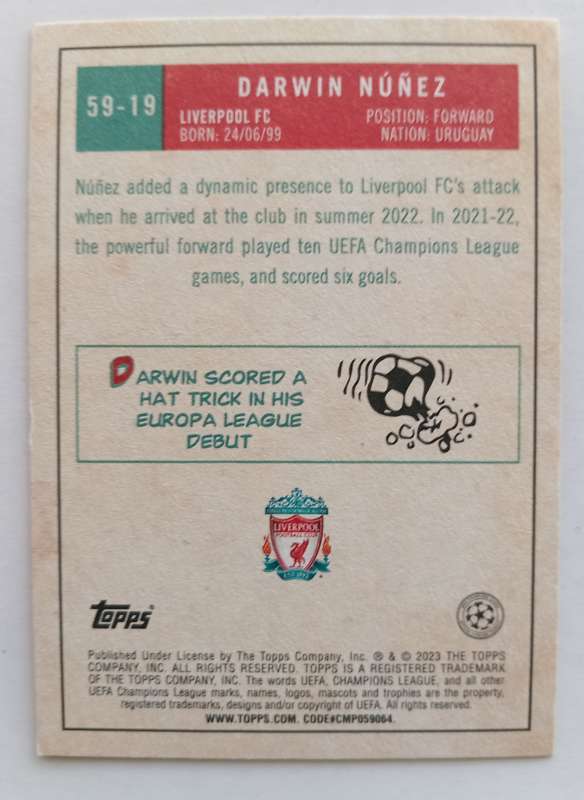 DARWIN NUNEZ (Liverpool) - TOPPS Champions League 2023 - TRADING CARD 59/19