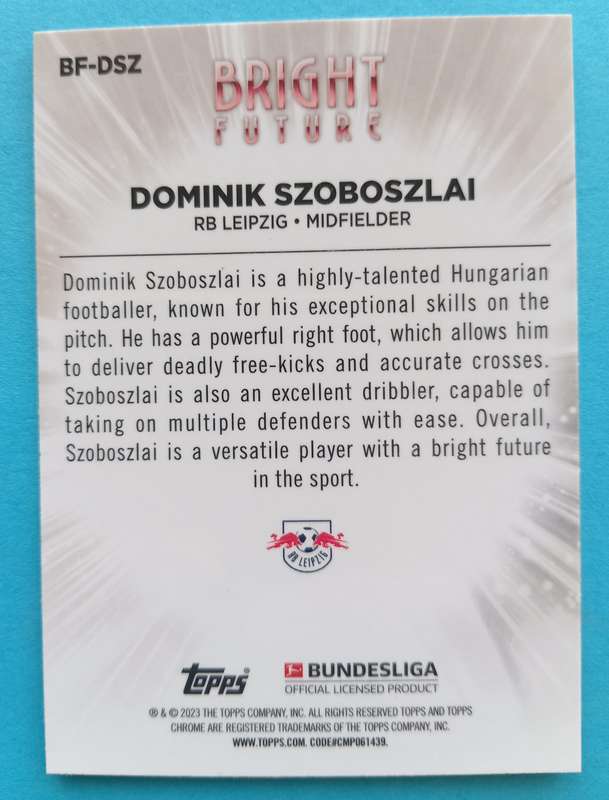 DOMINIK SZOBOSZLAI - TOPPS CHROME BUNDESLIGA 2023 - CHROME ROOKIE TRADING CARD BF-DSZ
