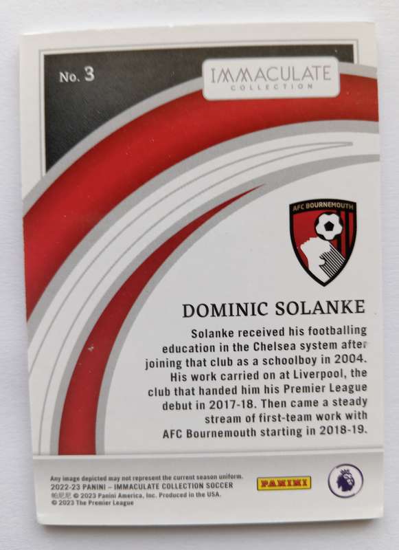 DOMINIC SOLANKE (Bournemth.) - PANINI IMMACULATE COLLECTION 2023 - RARE TRADING CARD 33 of 49