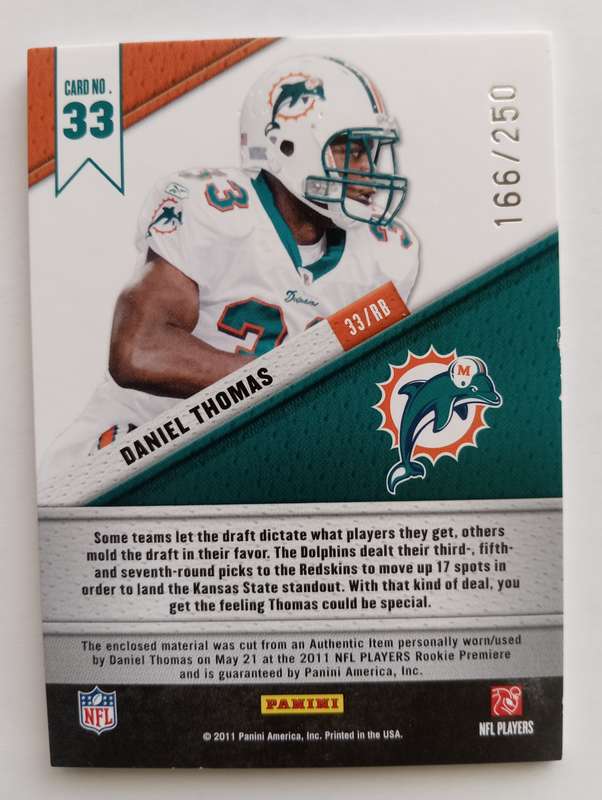 DANIEL THOMAS - PANINI NFL 2011 FABRICS of the GAME - ROOKIE MEMORABILA TRADING CARD 166 of 250