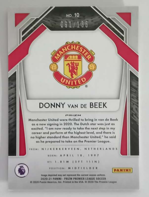 DONNY van BEEK (Man. United) - PANINI PRIZM PREMIER LEAGUE 2021 - RED PRIZM CARD 91 of 135