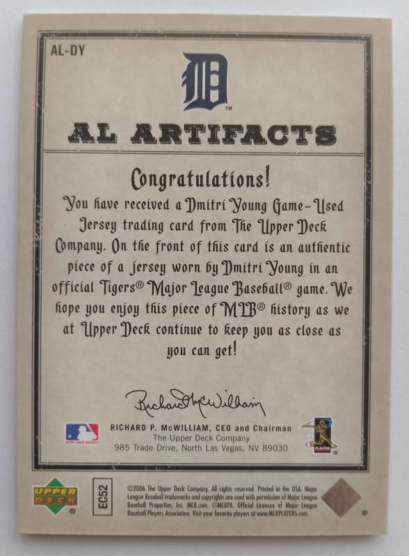 DMITRI YOUNG - UPPER DECK BASEBALL AL ARTIFACTS 2006 - RARE "GAME JERSEY" TRADING CARD 34 of 150