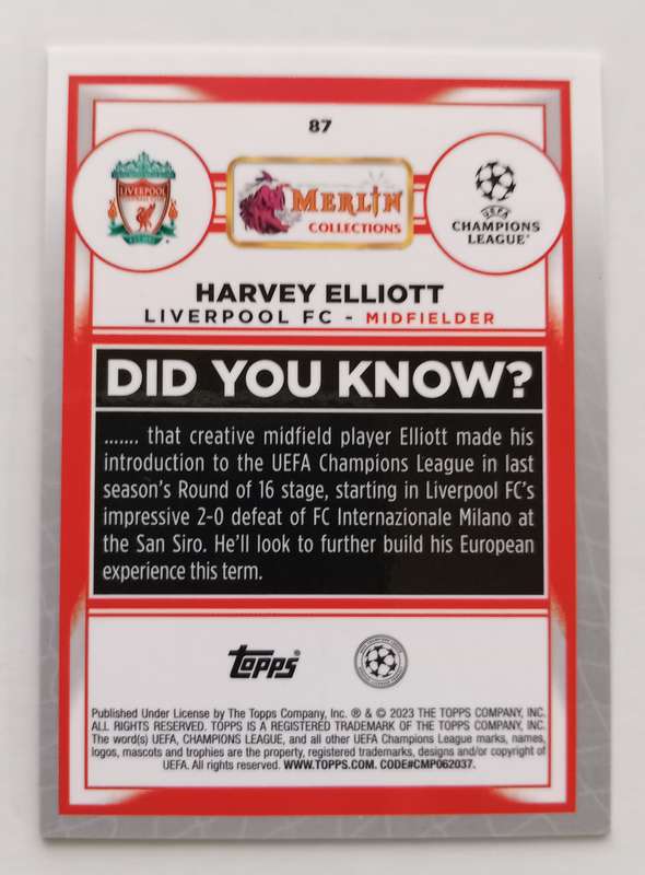 HARVEY ELLIOTT (Liverpool) - TOPPS MERLIN CHROME C/LEAGUE 2023 - NEON GREEN TRADING CARD 168 of 350