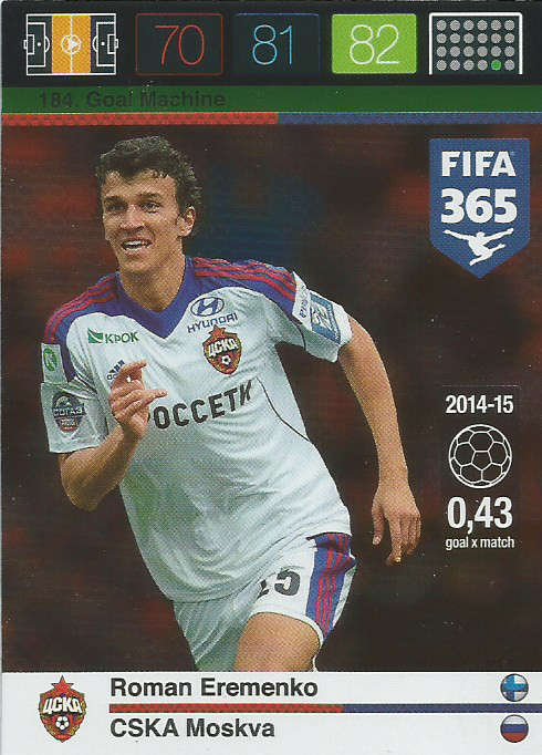 ROMAN EREMENKO - PANINI "FIFA 365" 2016 COLLECTION - FOIL "GOAL MACHINE" TRADING CARD 184