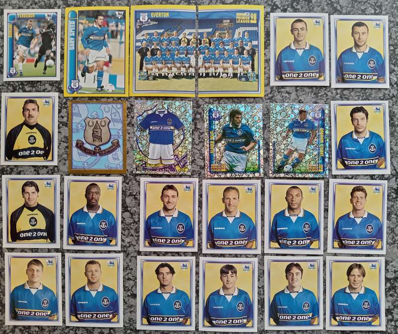 EVERTON FC - MERLIN Premier League sticker collection 1998 - COMPLETE TEAM SET OF 24 STICKERS