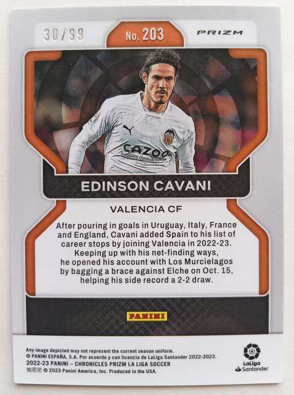 EDINSON CAVANI (Valencia)  - PANINI LA LIGA PRIZM 2023 - RARE TRADING CARD 30 of 99