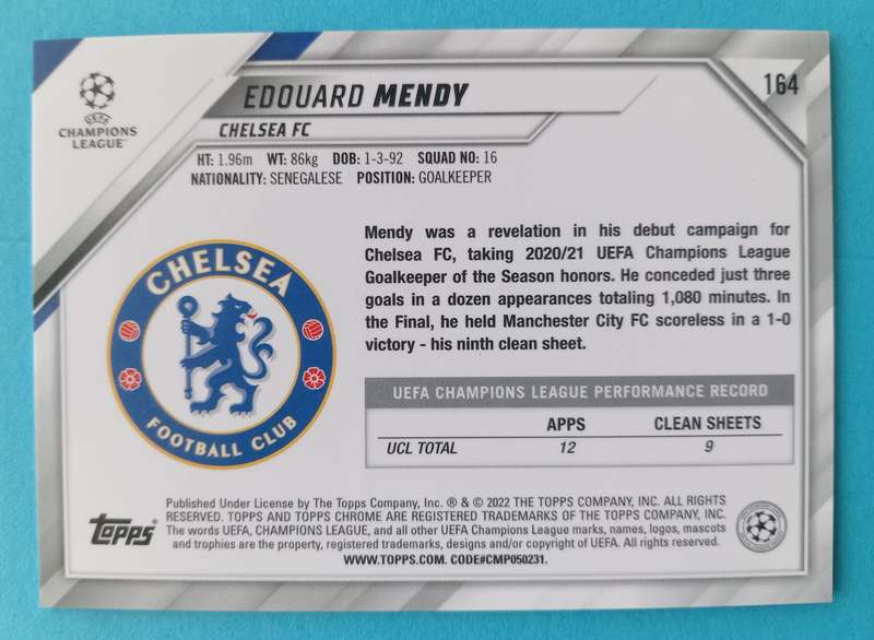 EDOUARD MENDY (Chelsea)  - TOPPS Chrome C/League 2022 - CHROME GLITTER TRADING CARD