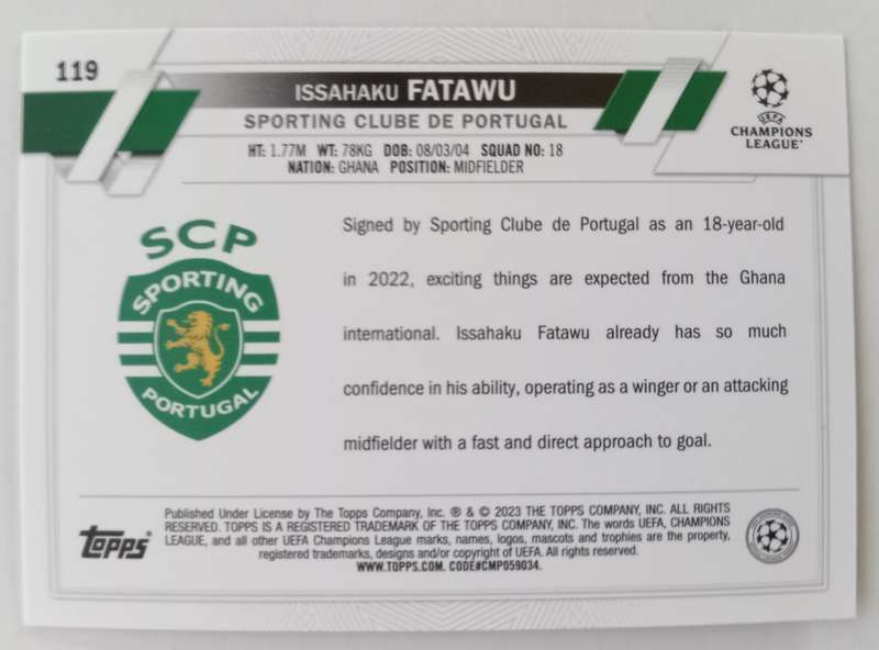 ISSA FATAWU (Sporting) - TOPPS Champ League 2023 - ROOKIE PINK SPARKLE TRADING CARD 119