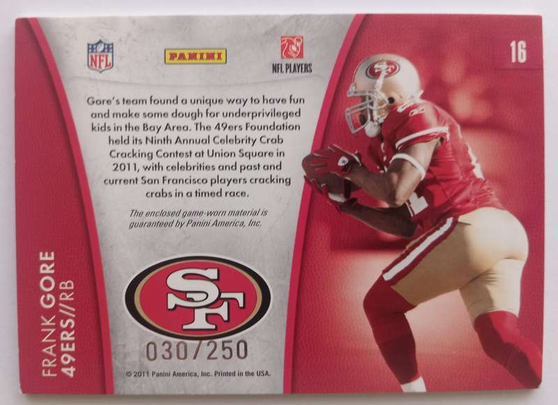 FRANK GOBE (S. Francisco) - PANINI NFL 2011 COLLECTION - RARE "USED JERSEY" TRADING CARD 30 of 250