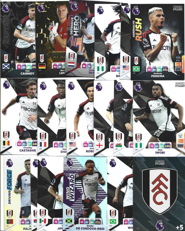 FULHAM FC - PANINI English Premier League PLUS 2024 - COMPLETE TEAM SET of 18 TRADING CARDS