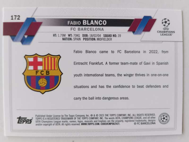 FABIO BLANCO (Barcelona) - TOPPS CHROME Champ./League 2023 - CHROME ROOKIE TRADING CARD 172