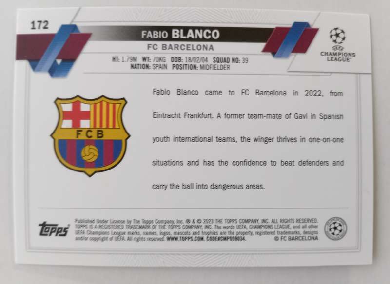 FABIO BLANCO (Barcelona) - TOPPS Champ League 2023 - ROOKIE PINK SPARKLE TRADING CARD 172