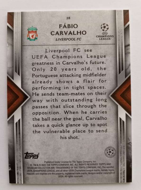 FABIO CARVALHO (Liverpool) - TOPPS MUSEUM C/League COLLECTION 2023 - ROOKIE TRADING CARD 29 of 99
