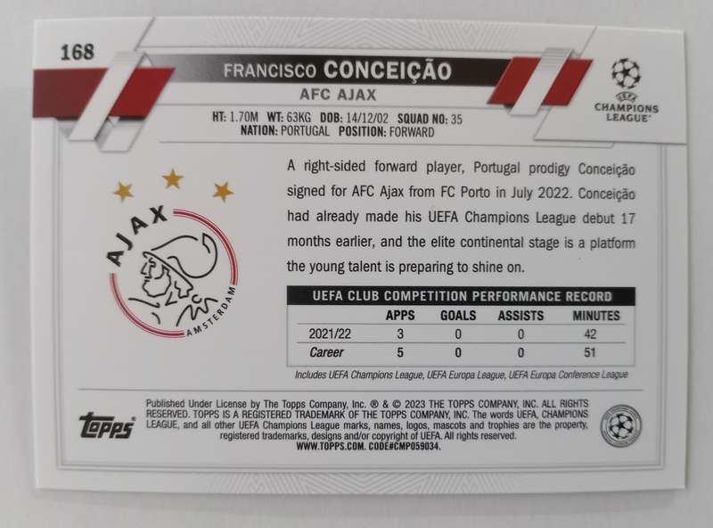 FRANCISCO CONCEICAO (Ajax) - TOPPS Champ League 2023 - PINK SPARKLE TRADING CARD 168