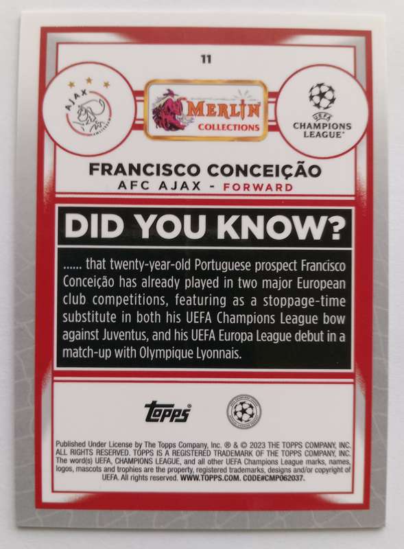 FRANCISCO CONCEICAO (Ajax)- TOPPS MERLIN CHROME C. L.  202/23 -  ROOKIE PINK CARD 251 of 275