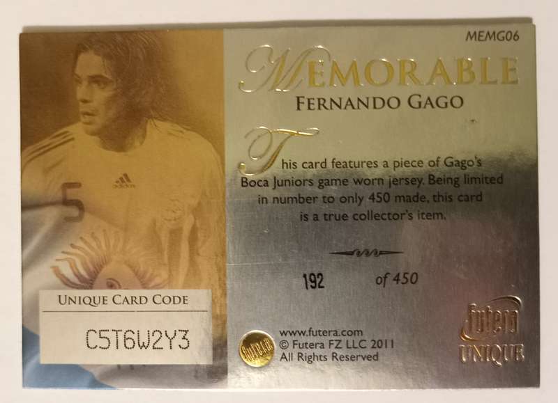 FERNANDO GAGO (Argentina) - FUTERA MEMORABLE 2011 COLLECTION - RARE MEMORABILIA CARD 192 of 450