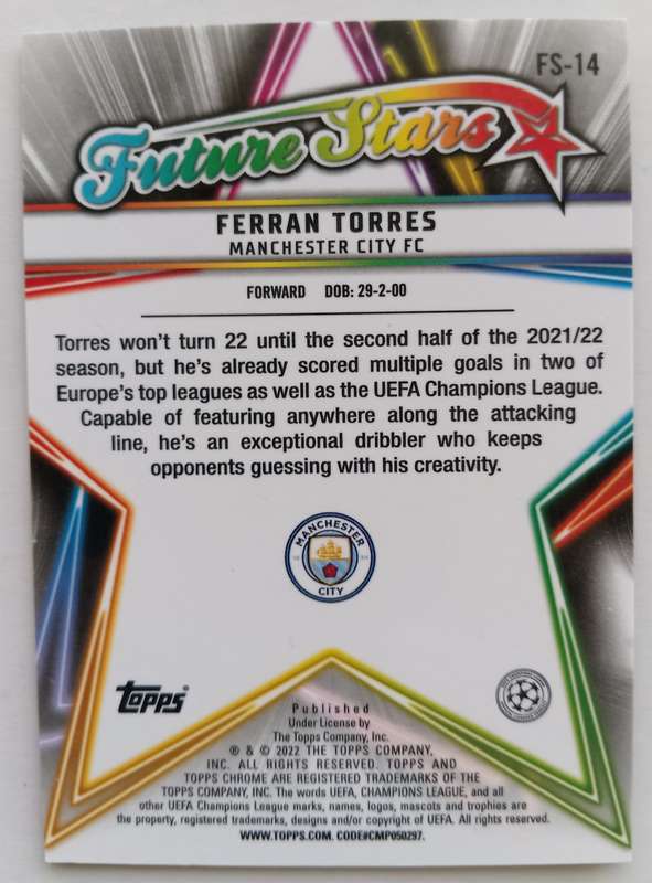 FERAN TORRES (Man City) - TOPPS CHROME Champ/League 2022 - CHROME Future Star  TRADING CARD FS14