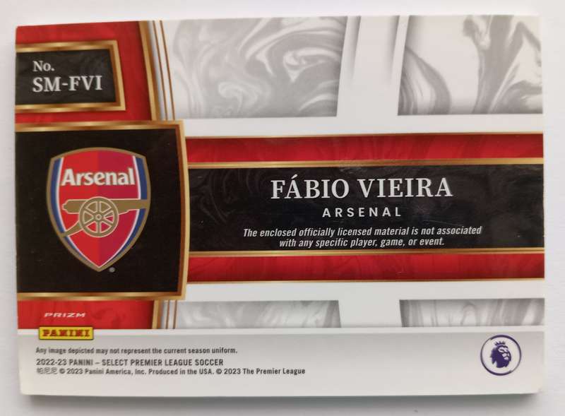 FABIO VIEIRA (Arsena)  - PANINI SELECT EPL PRIZM 2022/23 - CERTIFIED MEMORABILIA TRADING CARD