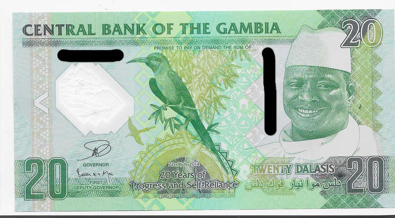 CENTRAL BANK of GAMBIA - 20 DALASIS MEMORIAL BANK NOTE  2014 -  POLYMER UNC. CONDITION B