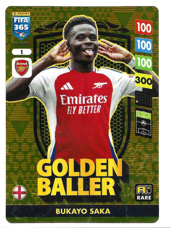 BUKAYO SAKA - PANINI FIFA 365 COLLECTION 2025 - RARE GOLD "GOLDEN BALLER" TRADING CARD 1