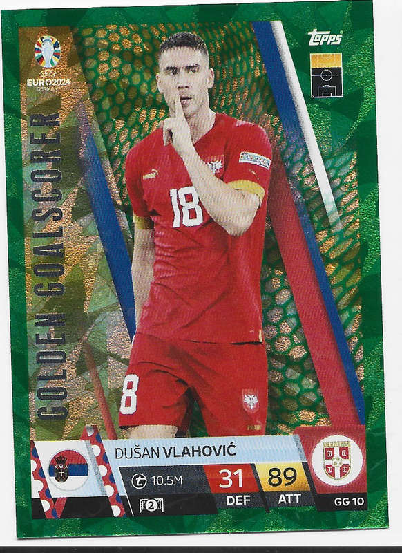 DUSAN VLAHOVIC - Topps `UEFA EURO 2024` Collection - EMERALD FOIL`GOLDEN GOALSCORER` Trading Card