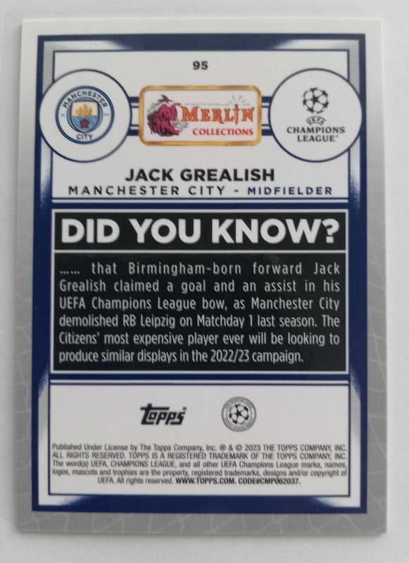 JACK GREALISH (Man. City) - TOPPS MERLIN UEFA CHROME 2023/24 - AQUA CHROME CARD 27 of 199