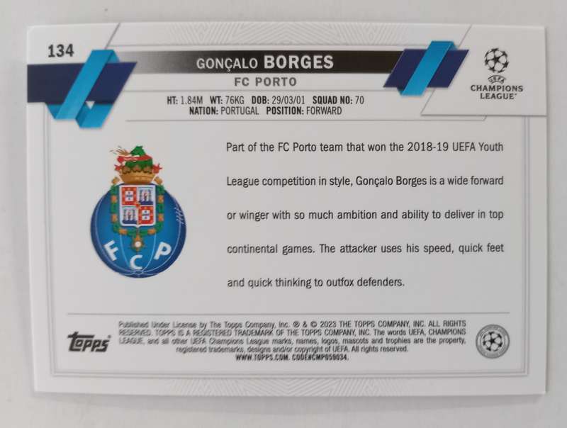 GONCALO BORGES (FC Porto) - TOPPS Champ League 2023 - ROOKIE PINK SPARKLE TRADING CARD 134