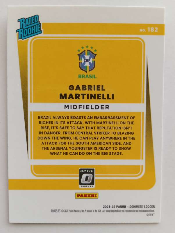 GABRIEL MARTINELLI (Brazil)- PANINI DONRUSS OPTIC CHROME 2021/22 -  RATERD ROOKIE CHROME CARD 182
