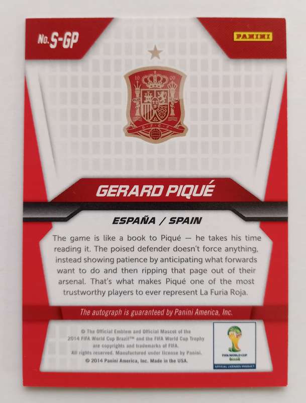 GERARD PIQUE - PANINI PRIZM FIFA WORLD CUP 2014 - RARE `CERTIFIED AUTOGRAPH` TRADING CARD S-GP