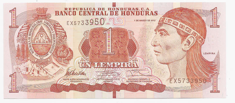 CENTRAL BANK of HONDURAS  - 1 LEMPIRA BANK NOTE 2012 - NOTE in UNC. CONDITION