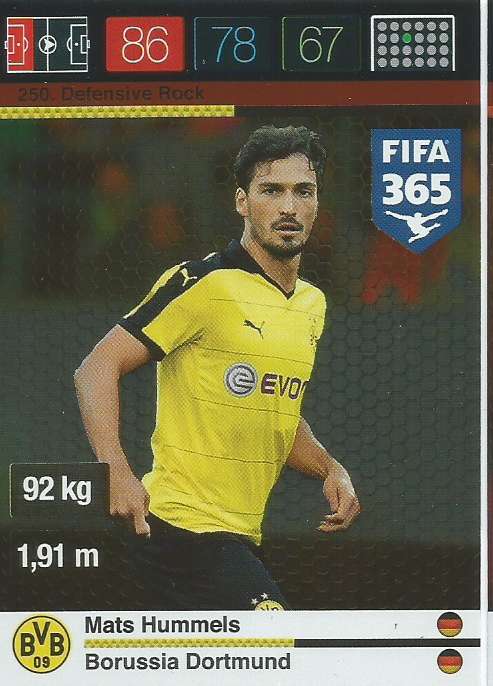 MATS HUMMELS - PANINI "FIFA 365" 2016 COLLECTION - FOIL "DEFENSIVE ROCK" TRADING CARD 250