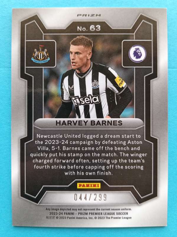 HARVEY BARNES (Newcastle) - PANINI PRIZM PREMIER LEAGUE 2023 - BLU PRIZM TRADING CARD 44 of 299