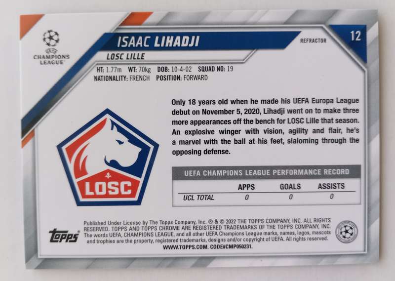 ISAAC LIHADJI (Lille) - TOPPS CHROME Champ/League 2022 - CHROME ROOKIE TRADING CARD 12