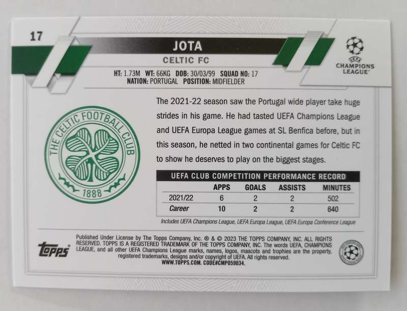 JOTA (Rangers) - TOPPS Champ League 2023 - PINK SPARKLE TRADING CARD 17